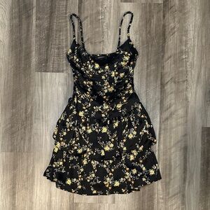 Olivaceous Midnight Floral Bloom Marigold Ruffle Tiered Mini Dress - Small